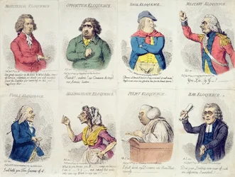 8 winiet przedstawiających elokwencję, wydanych przez Hannah Humphrey w 1795 r. (akwaforta ręcznie kolorowana)