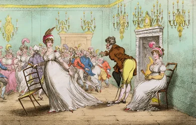 Szeroka wskazówka o braku znaczenia do tańca, opublikowana przez Hannah Humphrey w 1804 r. (akwaforta ręcznie kolorowana)
