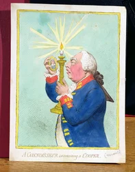 Koneser badający Coopera, George III (1738-1820) obawiający się nowej rewolucji, spogląda na portret Cromwella, wyd. Hannah Humphrey, 1792