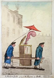 Nowoczesna Belle idąca do pokoi w łaźni, wydana przez Hannah Humphrey w 1796 r. (akwaforta ręcznie kolorowana)