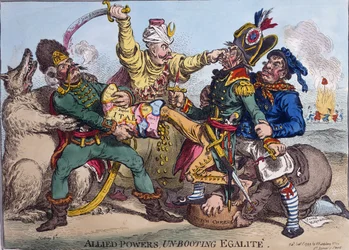 Allied Powers Un-Booting Egalite, wydana przez Hannah Humphrey w 1799 r. (akwaforta ręcznie kolorowana)