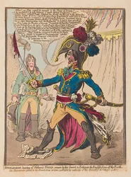 Bonaparte słysząc o zwycięstwie Nelsona przysięga na swój miecz, że wytępi Anglików z Ziemi, pub. 1798 (grawerowanie ręcznie kolorowane)