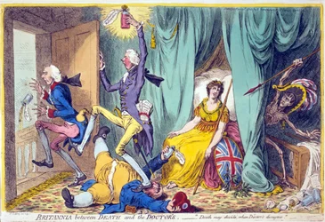 Britannia między śmiercią a lekarzami, wyd. Hannah Humphrey, 20 maja 1804 (ręcznie kolorowane grawerowanie)