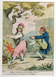 Britannia in French Stays, or Re-Form at the Expense of Constitution, wydana przez Hannah Humphrey w 1793 roku (akwaforta ręcznie kolorowana)