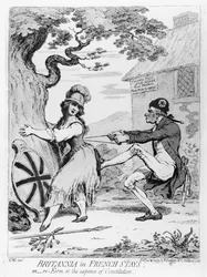 Britannia in French Stays, or Re-Form at the Expense of Constitution, opublikowana przez Hannah Humphrey w 1793 (akwaforta)
