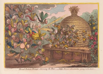 Drony z szerokim dnem szturmują ul: Osy, szerszenie i trzmiele dołączają do ataku, pub. 1808 (grawerowanie ręcznie kolorowane)