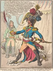 Buonaparte, dowiedziawszy się o zwycięstwie Nelsona, przysięga na swój miecz wytępić Anglików z powierzchni Ziemi (z: Karykatura, t. 1)