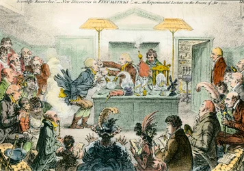 Angielska satyra na naukę: nowe odkrycia w materiałach pneumatycznych. Satyryczny czerpiący z entuzjazmu dla konferencji naukowych w XIX wieku. Grawerowanie Jamesa Gillraya (1757-1815)
