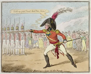 Forming a Line on the Parade, wydana przez Hannah Humphrey w 1801 r. (akwaforta ręcznie kolorowana)