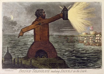 French-Telegraph Making Signals in the Dark, opublikowane przez Hannah Humphrey w 1795 (akwaforta z akwatintą)