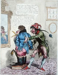 Francuski Taylor dopasowujący Johna Bulla do „Jean de Bry”, opublikowany przez Hannah Humphrey w 1799 r. (akwaforta ręcznie kolorowana)