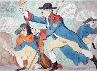 Guy Vaux odkryty podczas próby zniszczenia króla i Izby Lordów, opublikowany przez Hannah Humphrey w 1791 r. (akwaforta ręcznie kolorowana)