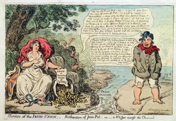 Okropności Unii Irlandzkiej: Botheration of Poor Pat, or A Whisper across the Channel, opublikowane przez Hannah Humphrey w 1798 roku (akwaforta ręcznie kolorowana)