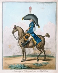 Inspecting a Volunteer Corps in Hyde Park, wydana przez Hannah Humphrey w 1803 roku (akwaforta ręcznie kolorowana)