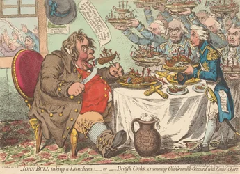 John Bull na lunchu - czyli - Brytyjscy kucharze napychają starego Zrzędę-Żołądka dobrym jadłem (z: Caricature, t. 1)