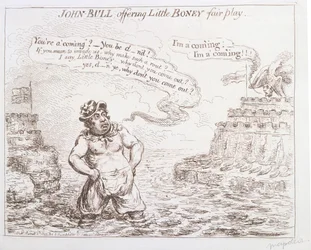 John Bull oferujący grę fair play w Little Boney, opublikowany przez Hannah Humphrey w 1803 r.