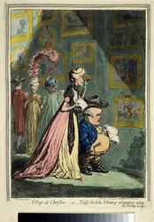 Karykatura przedstawiająca angielską aktorkę Elizabeth Farren (1759-1829) w pobliżu jej przyszłego męża Edwarda Smitha-Stanleya w prestiżowej sali aukcyjnej niedawno otwartej Christie, „Le coup d