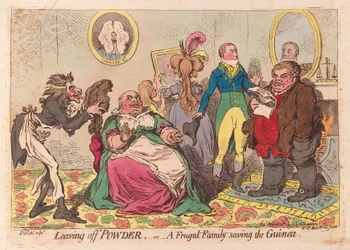 Opuszczanie proszku, czyli oszczędna rodzina ratująca Gwineę, pub.1795 (ręcznie kolorowany grawerunek)