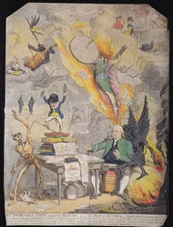 Lieut Goverr Gall-Stone, zainspirowany Alecto, or The Birth of Minerva, opublikowanym przez Hannah Humphrey w 1790 roku (akwaforta z akwatintą)