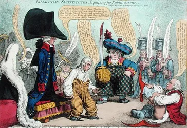 Lilliputian-Substitutes, Equipping for Public Service, wydana przez Hannah Humphrey w 1801 r. (akwaforta ręcznie kolorowana)