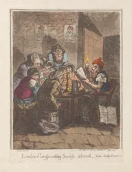 Londyńskie Towarzystwo Korespondencyjne, zaniepokojone, vide. Sumienie winne, wyd. 1796 (grawerowanie ręcznie kolorowane)