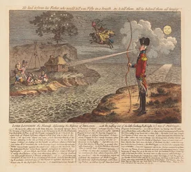 Lord Longbow, alarmista, odkrywający nędzę Irlandii, wyd. 1798 (ręcznie kolorowany grawer)