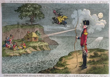 Lord Longbow, alarmista, odkrywający nieszczęścia Irlandii, opublikowany przez Hannah Humphrey w 1798 r. (ręcznie kolorowana akwaforta)