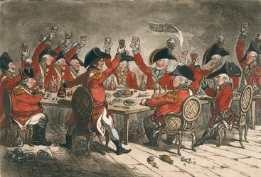 Loyal Souls, or A Peep into the Mess Room at St. James, opublikowane przez Hannah Humphrey w 1797 roku (akwaforta ręcznie kolorowana)