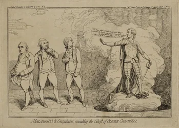 Malagrida and Conspiraators, Consulting the Ghost of Oliver Cromwell, opublikowana 10 czerwca 1782 r. (akwaforta na papierze wykładanym inkrustowanym na papierze tkanym)
