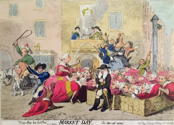 Market Day, wyd. S.W. Fores w 1788 (akwaforta ręcznie kolorowana)