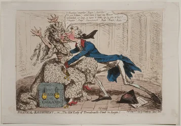 Zwariowanie polityczne, czyli The Old Lady of Threadneedle Street w niebezpieczeństwie!, opublikowane przez Hannah Humphrey, 1797 (akwaforta ręcznie kolorowana)