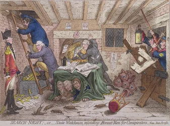Search Night, czyli The State Watchmen Mistaking Honest-men for Conspiraators, opublikowana przez Hannah Humphrey w 1798 r. (akwaforta ręcznie kolorowana)