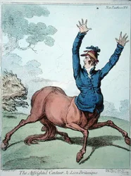 The Affrighted Centaur and the Lion Britanique, wydana przez Hannah Humphrey w 1799 r. (akwaforta ręcznie kolorowana)
