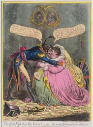 Pierwszy pocałunek od dziesięciu lat! albo Spotkanie Brytanii i obywatela François, opublikowane przez Hannah Humphrey w 1803 roku