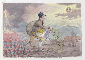 Generae of Patriotism lub The Bloomsbury Farmer sadzący pszenicę Bedfordshire, wyd. 1796 (grawerowanie ręcznie kolorowane)