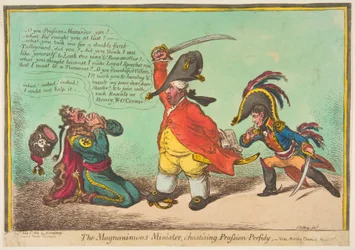 Wielkoduszny-minister, karcenie pruskiej-perfidii, wyd. 1806 (grawerowanie ręcznie kolorowane)