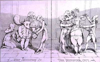 The Minister In - The Minister Out, opublikowany przez Williama Humphreya w 1782 r. (akwaforta)
