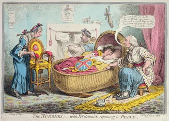 Przedszkole! z Britannią spoczywającą w pokoju, wydaną przez Hannah Humphrey w 1802 r. (akwaforta ręcznie kolorowana)