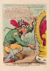 The Rights of Man, czyli Tomm Paine, mały Amerykanin Taylor mierzący koronę za nową parę bryczesów rewolucji, wyd. 1791 (grawerowanie ręcznie kolorowane)