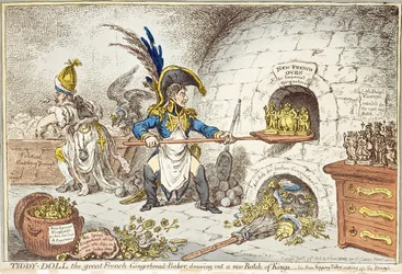 „Tiddy-Doll, wielki francuski producent pierników, rysuje nową partię króli. His Man, Hopping Talley, Mixing Up the Dough”, wyd. Hannah Humphrey, 23 stycznia 1806 (akwatinta)