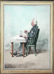 Un Diplomatique Settling Affairs at Stevens” opublikowane przez Hannah Humphrey w 1797 r. (akwaforta ręcznie kolorowana)