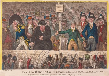 Widok Hustingów w Covent Garden - Wybory Westminsterskie listopad 1806, wyd. 1806 (grawerowanie ręcznie kolorowane)