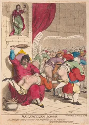 Westminster School lub Dr Busby rozliczający się z Mistrzem Billym i jego towarzyszami zabaw, pub. 1785 (grawerowanie ręcznie kolorowane)