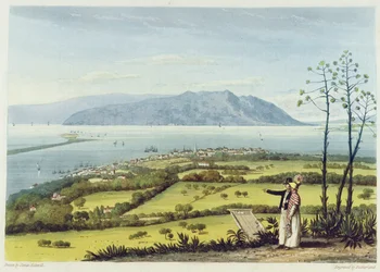Kingston i Port Royal z farmy Windsor, z „A Picturesque Tour of the Island of Jamaica”, grawerowane przez Thomasa Sutherlanda, 1825