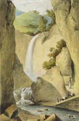 Wodospad na Windward Road w pobliżu Kingston, z „Malowniczej wycieczki po wyspie Jamajka”, grawerowanej przez Thomasa Sutherlanda, 1824