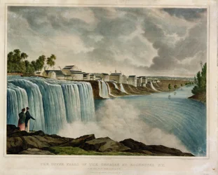 Górne wodospady Genesee w Rochester w stanie Nowy Jork, grawerowane przez J. Bufford (1810-70) (kolorowe grawerowanie)