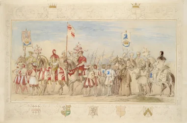 William Earl of Craven, Rycerz Gryfa i Henry de la Poer Beresford, markiz Waterford, Rycerz Smoka, 1839 (ołówek, toaleta, gwasz i złota farba na papierze) (patrz także 366230)