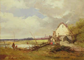 Wędkarze przy domku nad brzegiem rzeki