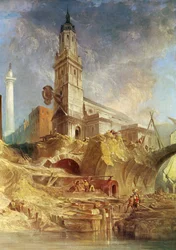 Wyburzenie Starego Mostu Londyńskiego, za którym stoi św. Magnus Męczennik