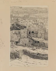 Róg wsi Siloam, ilustracja z Życia naszego Pana Jezusa Chrystusa (atrament i grafit na tekturze)